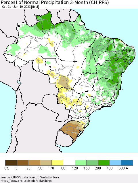 Brazil Percent of Normal Precipitation 3-Month (CHIRPS) Thematic Map For 10/11/2022 - 1/10/2023