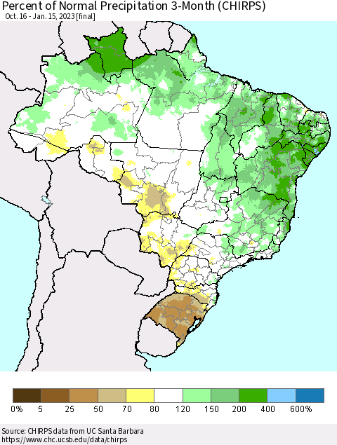 Brazil Percent of Normal Precipitation 3-Month (CHIRPS) Thematic Map For 10/16/2022 - 1/15/2023