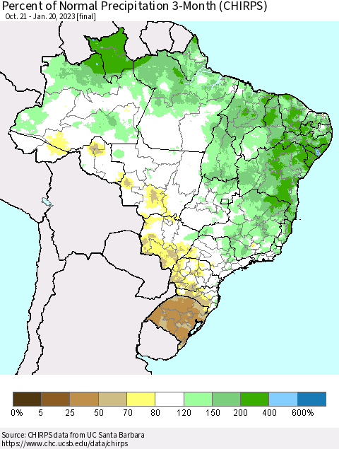 Brazil Percent of Normal Precipitation 3-Month (CHIRPS) Thematic Map For 10/21/2022 - 1/20/2023