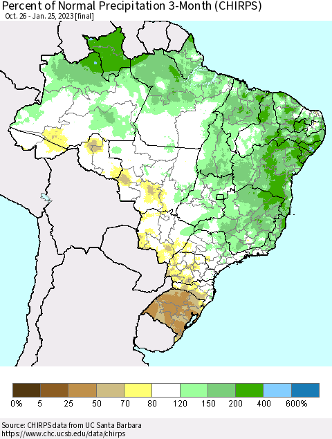 Brazil Percent of Normal Precipitation 3-Month (CHIRPS) Thematic Map For 10/26/2022 - 1/25/2023