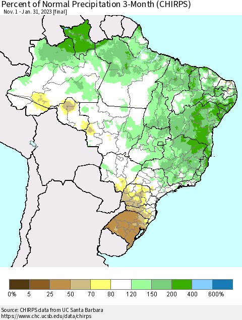 Brazil Percent of Normal Precipitation 3-Month (CHIRPS) Thematic Map For 11/1/2022 - 1/31/2023