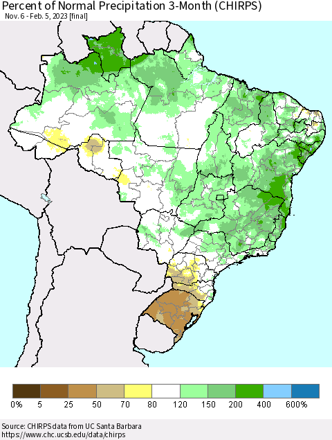 Brazil Percent of Normal Precipitation 3-Month (CHIRPS) Thematic Map For 11/6/2022 - 2/5/2023