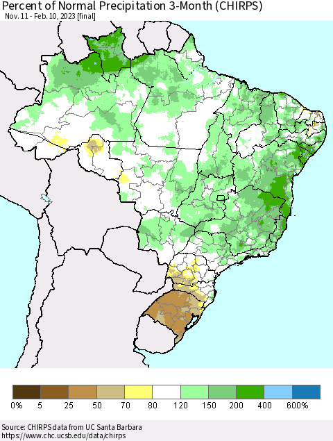 Brazil Percent of Normal Precipitation 3-Month (CHIRPS) Thematic Map For 11/11/2022 - 2/10/2023