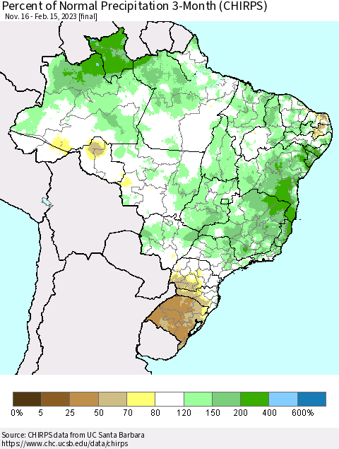 Brazil Percent of Normal Precipitation 3-Month (CHIRPS) Thematic Map For 11/16/2022 - 2/15/2023