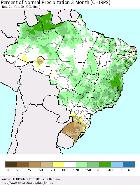 Brazil Percent of Normal Precipitation 3-Month (CHIRPS) Thematic Map For 11/21/2022 - 2/20/2023