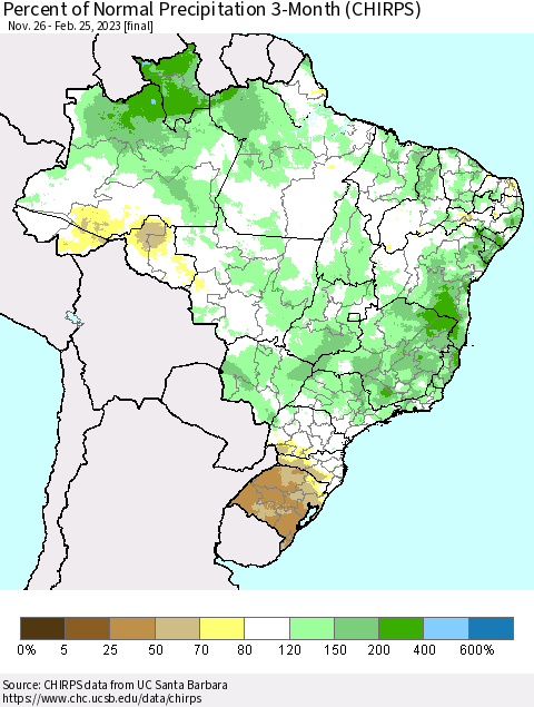 Brazil Percent of Normal Precipitation 3-Month (CHIRPS) Thematic Map For 11/26/2022 - 2/25/2023