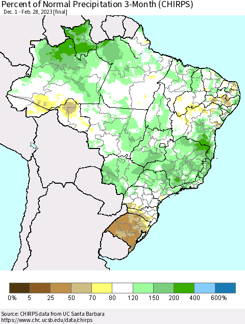 Brazil Percent of Normal Precipitation 3-Month (CHIRPS) Thematic Map For 12/1/2022 - 2/28/2023