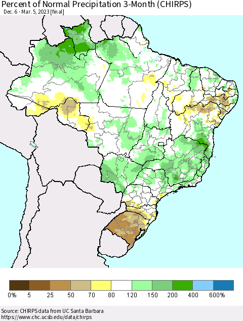 Brazil Percent of Normal Precipitation 3-Month (CHIRPS) Thematic Map For 12/6/2022 - 3/5/2023