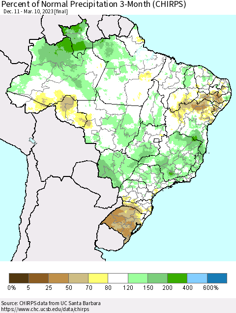 Brazil Percent of Normal Precipitation 3-Month (CHIRPS) Thematic Map For 12/11/2022 - 3/10/2023