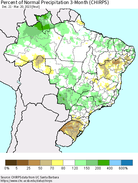Brazil Percent of Normal Precipitation 3-Month (CHIRPS) Thematic Map For 12/21/2022 - 3/20/2023