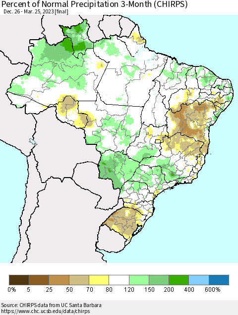 Brazil Percent of Normal Precipitation 3-Month (CHIRPS) Thematic Map For 12/26/2022 - 3/25/2023