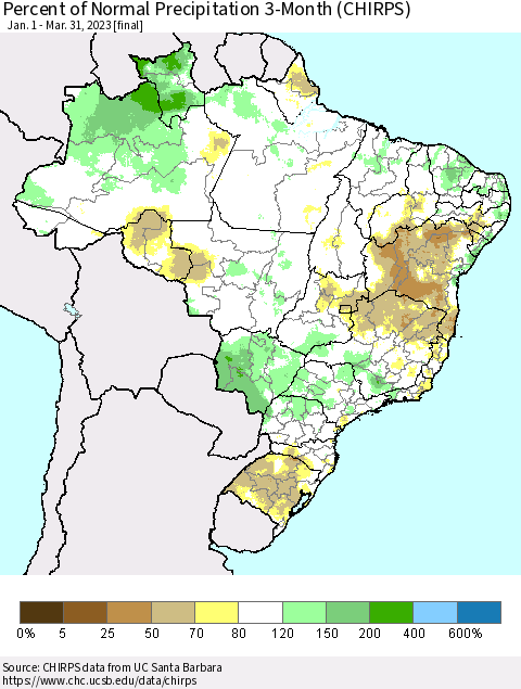Brazil Percent of Normal Precipitation 3-Month (CHIRPS) Thematic Map For 1/1/2023 - 3/31/2023