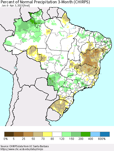 Brazil Percent of Normal Precipitation 3-Month (CHIRPS) Thematic Map For 1/6/2023 - 4/5/2023