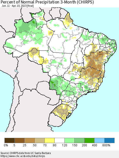 Brazil Percent of Normal Precipitation 3-Month (CHIRPS) Thematic Map For 1/11/2023 - 4/10/2023
