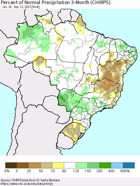 Brazil Percent of Normal Precipitation 3-Month (CHIRPS) Thematic Map For 1/16/2023 - 4/15/2023