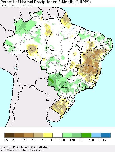 Brazil Percent of Normal Precipitation 3-Month (CHIRPS) Thematic Map For 1/21/2023 - 4/20/2023