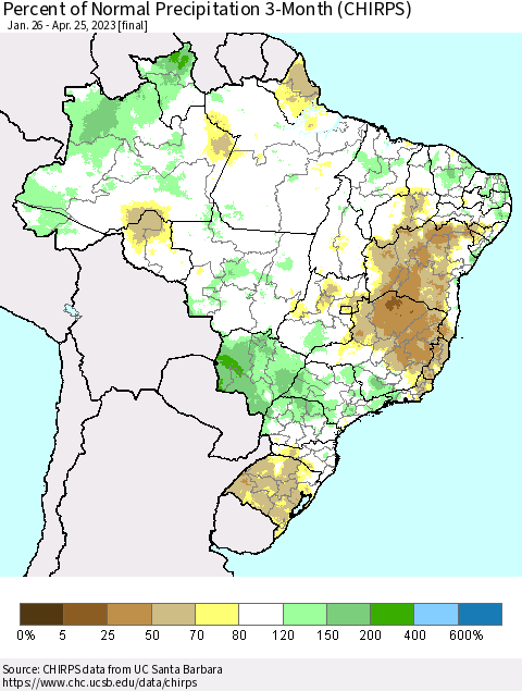 Brazil Percent of Normal Precipitation 3-Month (CHIRPS) Thematic Map For 1/26/2023 - 4/25/2023