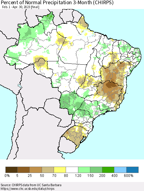 Brazil Percent of Normal Precipitation 3-Month (CHIRPS) Thematic Map For 2/1/2023 - 4/30/2023