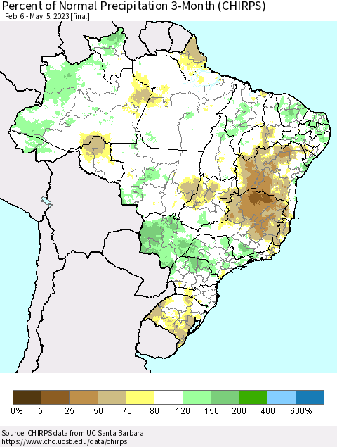 Brazil Percent of Normal Precipitation 3-Month (CHIRPS) Thematic Map For 2/6/2023 - 5/5/2023