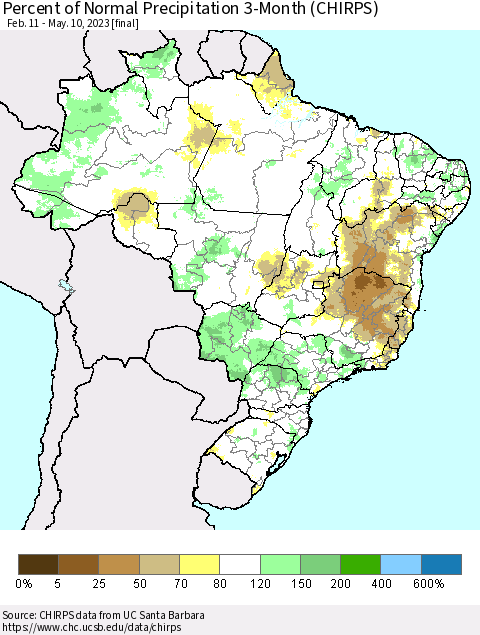 Brazil Percent of Normal Precipitation 3-Month (CHIRPS) Thematic Map For 2/11/2023 - 5/10/2023