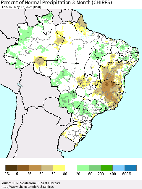 Brazil Percent of Normal Precipitation 3-Month (CHIRPS) Thematic Map For 2/16/2023 - 5/15/2023