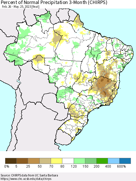 Brazil Percent of Normal Precipitation 3-Month (CHIRPS) Thematic Map For 2/26/2023 - 5/25/2023