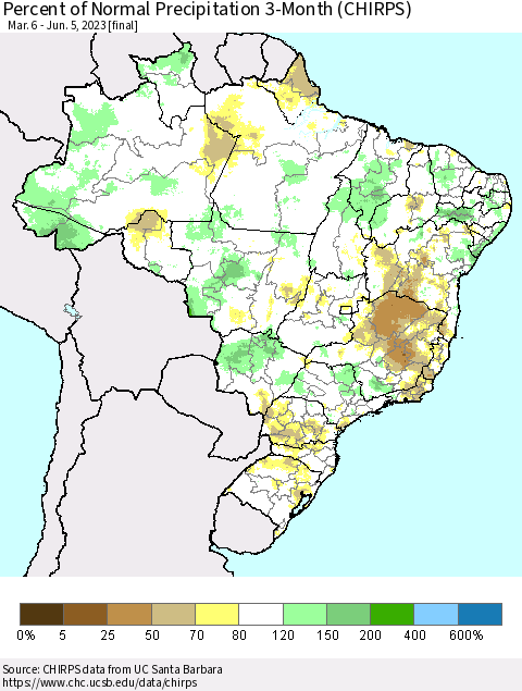 Brazil Percent of Normal Precipitation 3-Month (CHIRPS) Thematic Map For 3/6/2023 - 6/5/2023