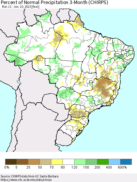 Brazil Percent of Normal Precipitation 3-Month (CHIRPS) Thematic Map For 3/11/2023 - 6/10/2023