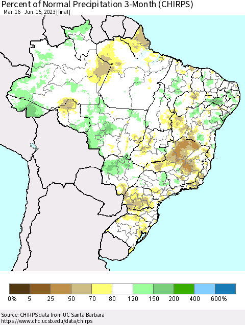 Brazil Percent of Normal Precipitation 3-Month (CHIRPS) Thematic Map For 3/16/2023 - 6/15/2023