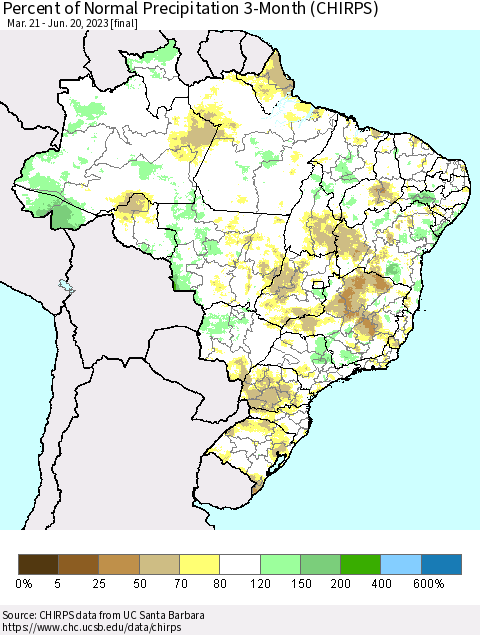 Brazil Percent of Normal Precipitation 3-Month (CHIRPS) Thematic Map For 3/21/2023 - 6/20/2023