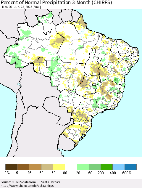 Brazil Percent of Normal Precipitation 3-Month (CHIRPS) Thematic Map For 3/26/2023 - 6/25/2023