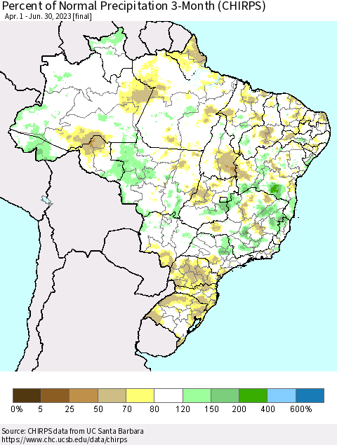 Brazil Percent of Normal Precipitation 3-Month (CHIRPS) Thematic Map For 4/1/2023 - 6/30/2023