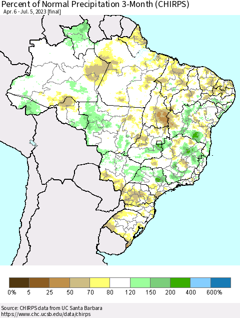 Brazil Percent of Normal Precipitation 3-Month (CHIRPS) Thematic Map For 4/6/2023 - 7/5/2023