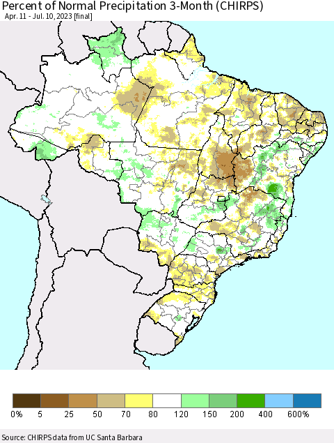 Brazil Percent of Normal Precipitation 3-Month (CHIRPS) Thematic Map For 4/11/2023 - 7/10/2023