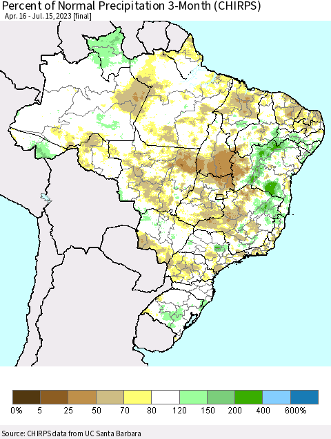 Brazil Percent of Normal Precipitation 3-Month (CHIRPS) Thematic Map For 4/16/2023 - 7/15/2023