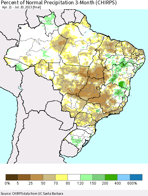 Brazil Percent of Normal Precipitation 3-Month (CHIRPS) Thematic Map For 4/21/2023 - 7/20/2023