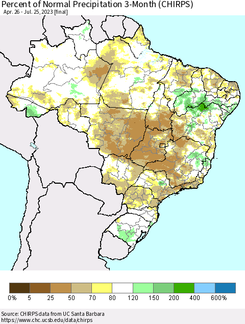 Brazil Percent of Normal Precipitation 3-Month (CHIRPS) Thematic Map For 4/26/2023 - 7/25/2023