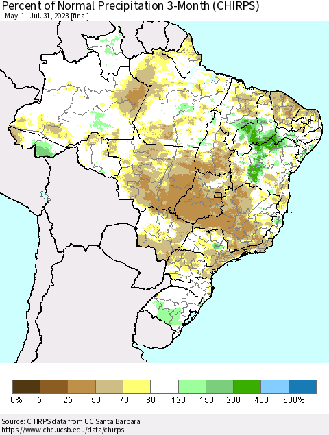 Brazil Percent of Normal Precipitation 3-Month (CHIRPS) Thematic Map For 5/1/2023 - 7/31/2023