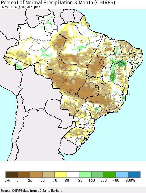 Brazil Percent of Normal Precipitation 3-Month (CHIRPS) Thematic Map For 5/11/2023 - 8/10/2023