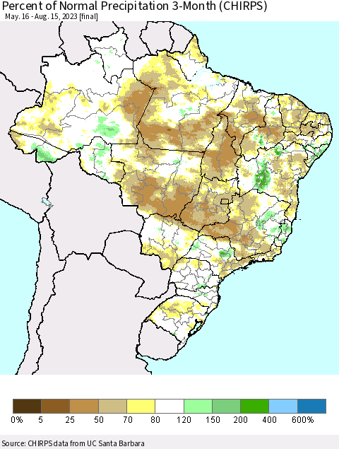 Brazil Percent of Normal Precipitation 3-Month (CHIRPS) Thematic Map For 5/16/2023 - 8/15/2023