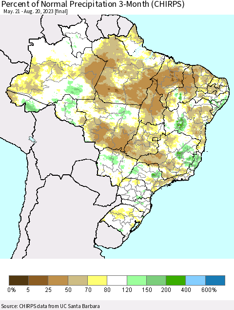 Brazil Percent of Normal Precipitation 3-Month (CHIRPS) Thematic Map For 5/21/2023 - 8/20/2023