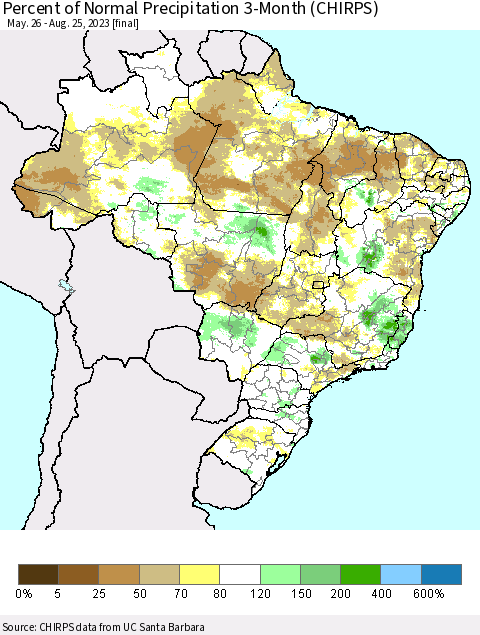 Brazil Percent of Normal Precipitation 3-Month (CHIRPS) Thematic Map For 5/26/2023 - 8/25/2023