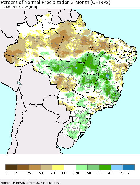 Brazil Percent of Normal Precipitation 3-Month (CHIRPS) Thematic Map For 6/6/2023 - 9/5/2023