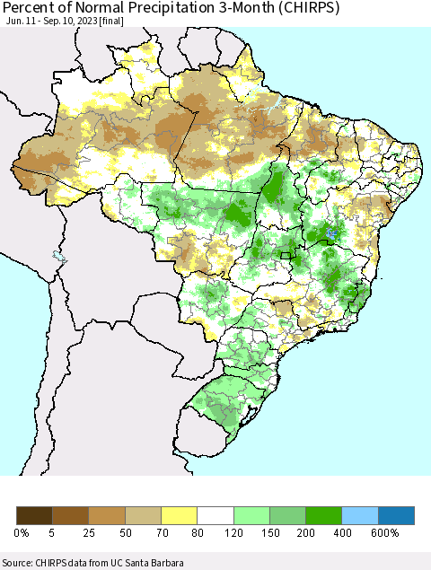 Brazil Percent of Normal Precipitation 3-Month (CHIRPS) Thematic Map For 6/11/2023 - 9/10/2023