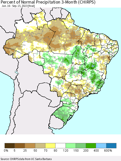 Brazil Percent of Normal Precipitation 3-Month (CHIRPS) Thematic Map For 6/16/2023 - 9/15/2023