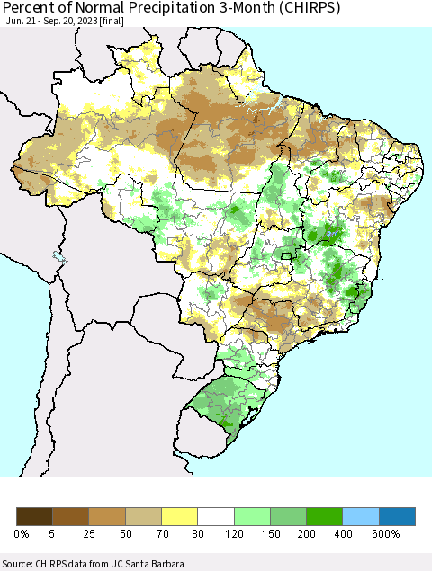 Brazil Percent of Normal Precipitation 3-Month (CHIRPS) Thematic Map For 6/21/2023 - 9/20/2023
