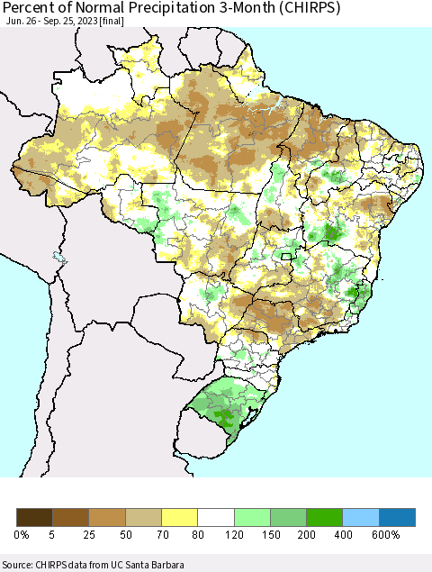Brazil Percent of Normal Precipitation 3-Month (CHIRPS) Thematic Map For 6/26/2023 - 9/25/2023