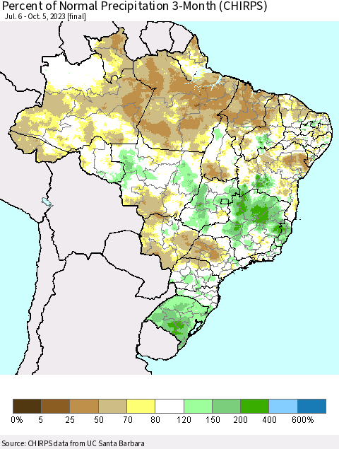 Brazil Percent of Normal Precipitation 3-Month (CHIRPS) Thematic Map For 7/6/2023 - 10/5/2023