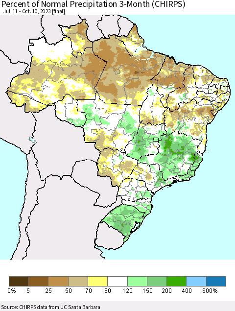 Brazil Percent of Normal Precipitation 3-Month (CHIRPS) Thematic Map For 7/11/2023 - 10/10/2023