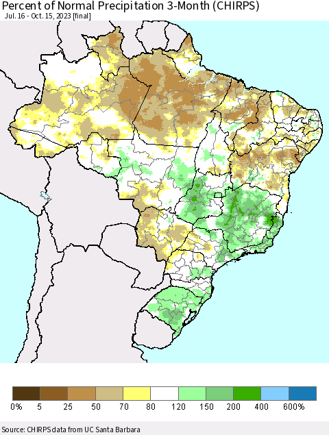 Brazil Percent of Normal Precipitation 3-Month (CHIRPS) Thematic Map For 7/16/2023 - 10/15/2023
